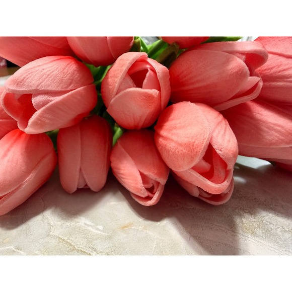 Artificial Tulips Bouquet - Faux Tulip Flowers Arrangement 20 Stems Coral - Picture 5 of 8
